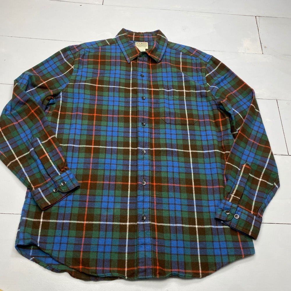 LL Bean Flannel Shirt Mens L Green Blue Plaid Slightly Fitted Cotton 298167
